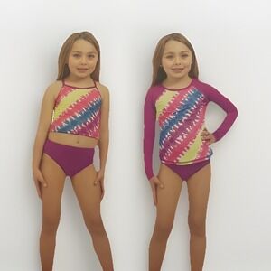 Lands' End 3 Piece Swim Set Girls Sz 6 Purple Geometric UPF 50 Quick Dry Outdoor